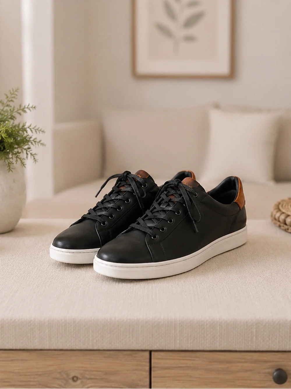 Oxford Black Leather Boat Shoes with Brown Accent